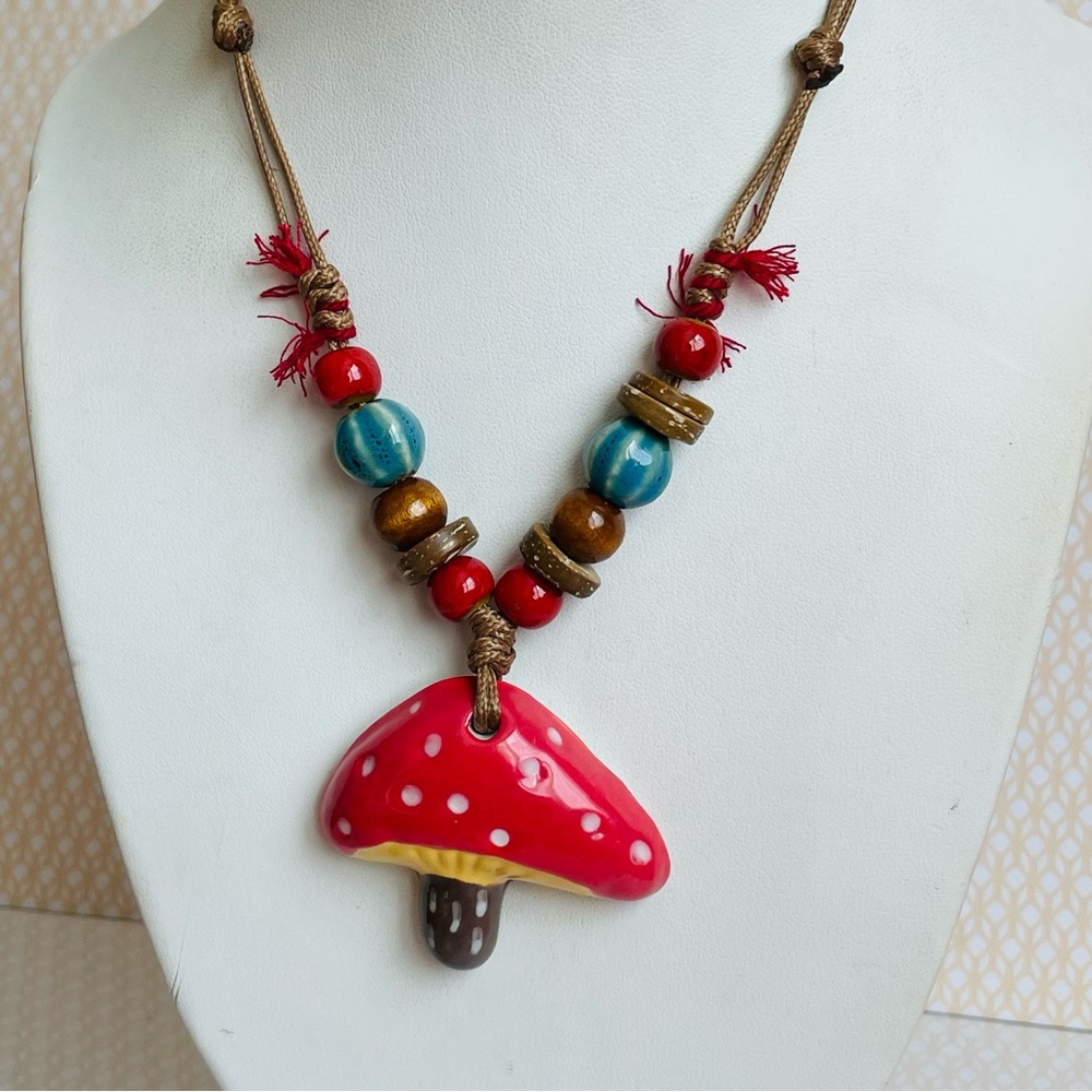 Artisan Red Mushroom Pendant Cord Necklace with Beaded Accents Ceramic